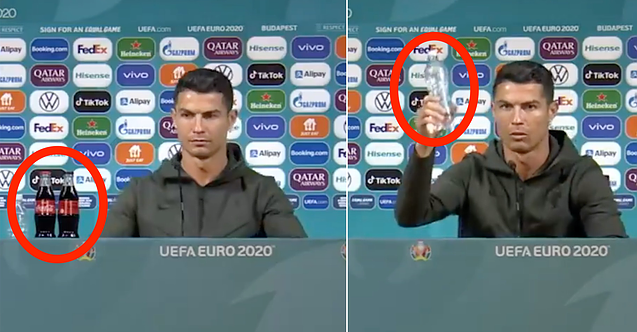 Ronaldo, Coca Cola şişesini kaldırdı, 'Su için' dedi.